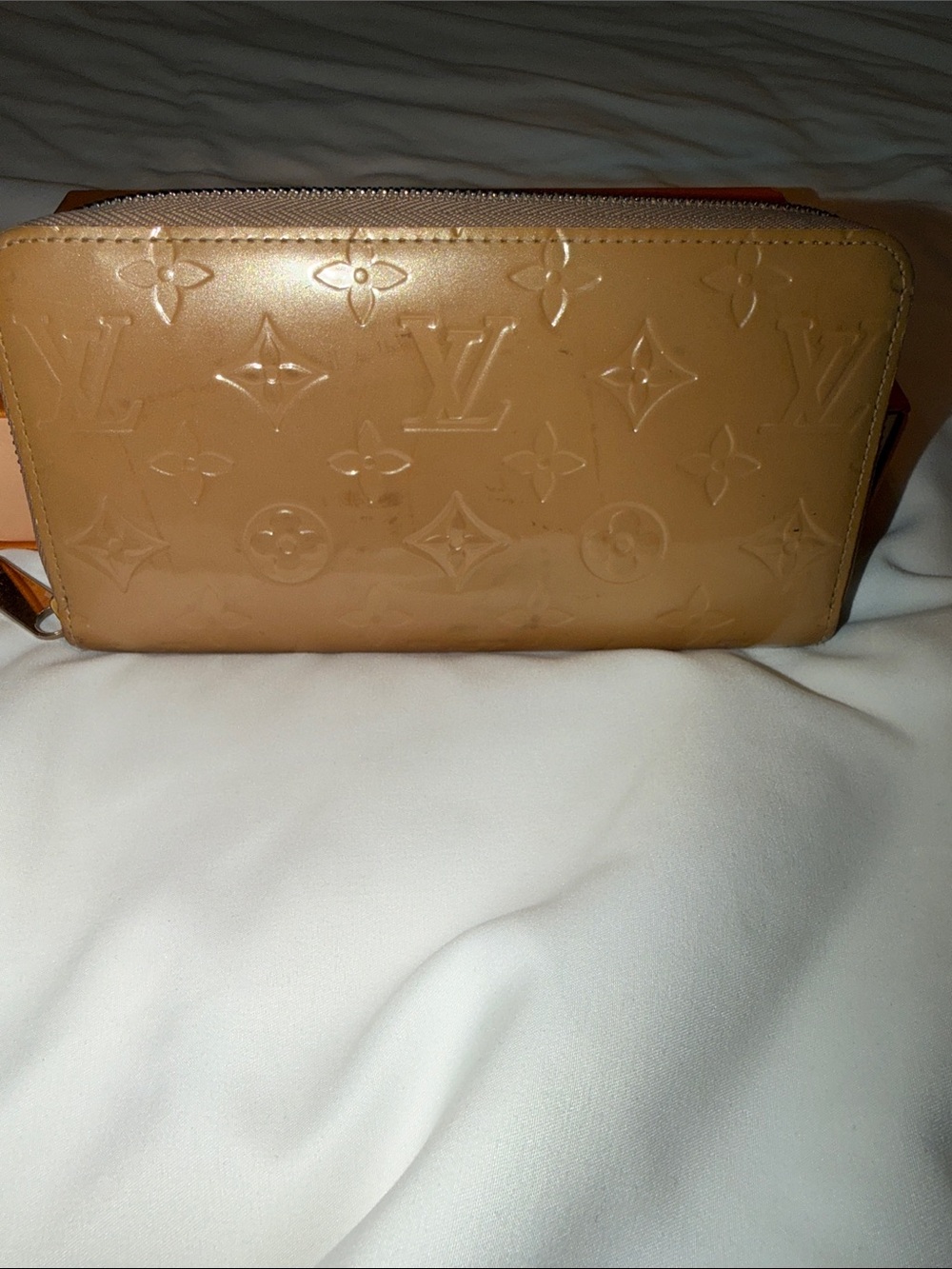 Louis Vuitton Patent Monogram Zip Wallet in Tan Beige